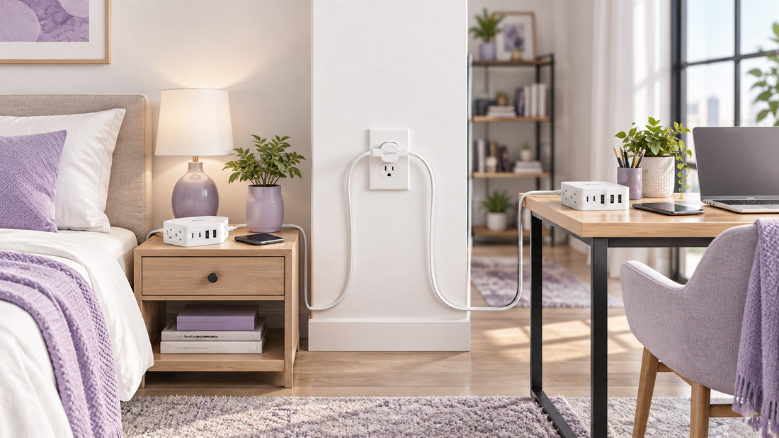 HONIZER TwinFlex split extension cord routing power to a bedside zone and desk zone in a studio apartment