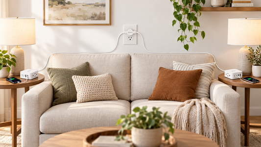 HONIZER TwinFlex extension cord powering two living room end tables from one wall outlet