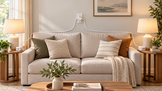 Two living room lamps powered from one outlet by the HONIZER TwinFlex split extension cord