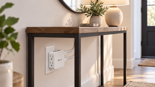 HONIZER ZeroEdge flat outlet extender routing power sideways behind a narrow entryway console table