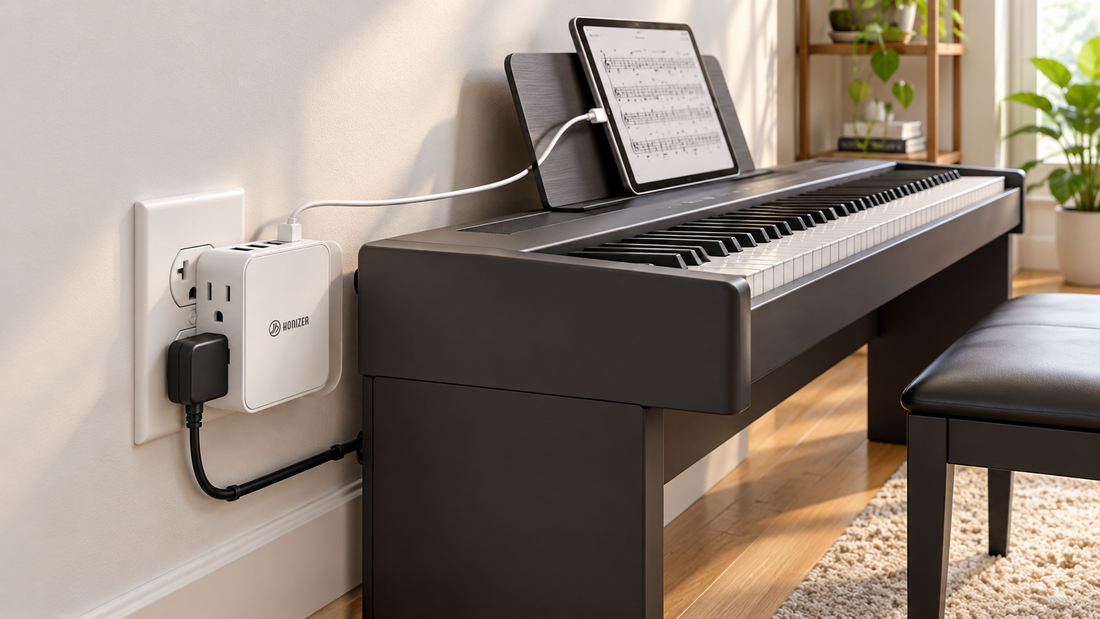 HONIZER ZeroEdge flat outlet extender routing power sideways behind a digital piano