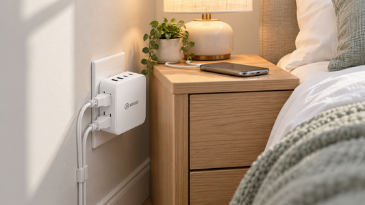 HONIZER ZeroEdge flat outlet extender with side-access cords behind a bedroom nightstand