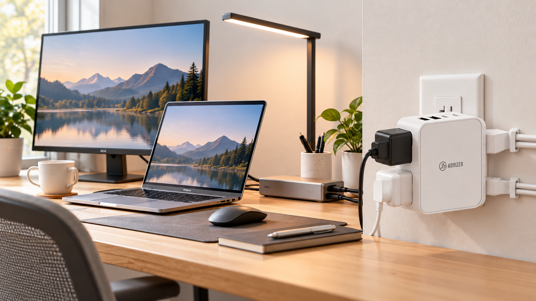 HONIZER ZeroEdge outlet splitter organizing bulky power adapters in a compact home office