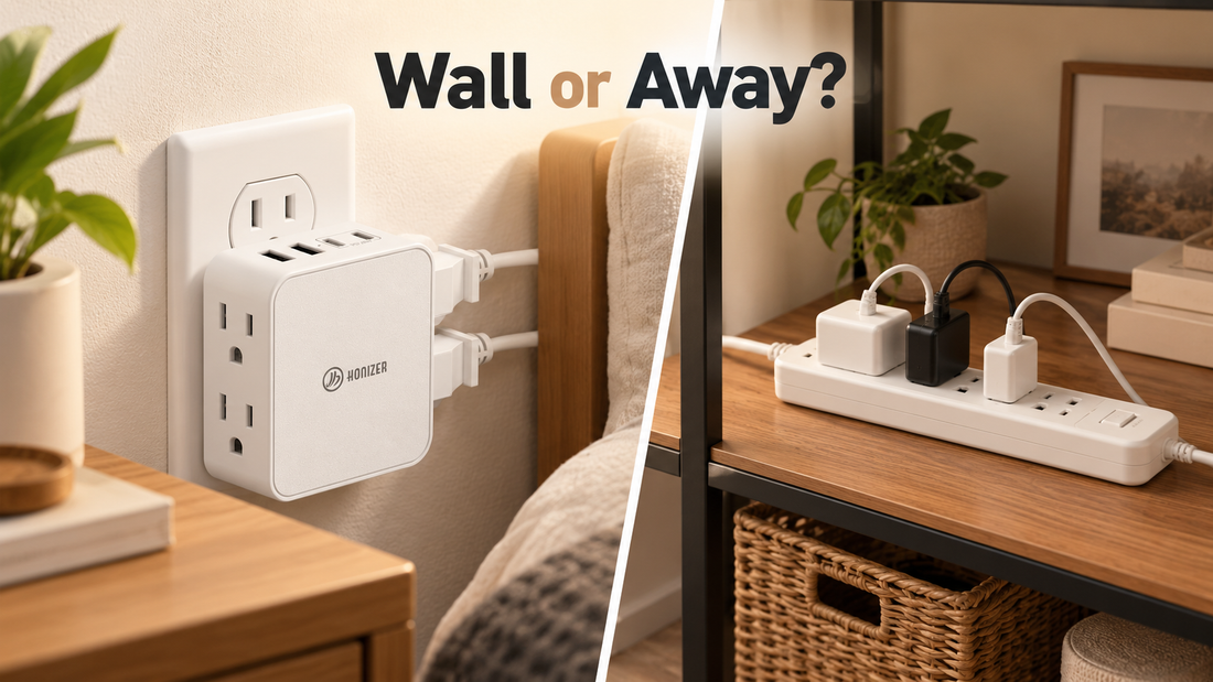 HONIZER ZeroEdge wall outlet extender compared with a corded power strip in a small-space setup