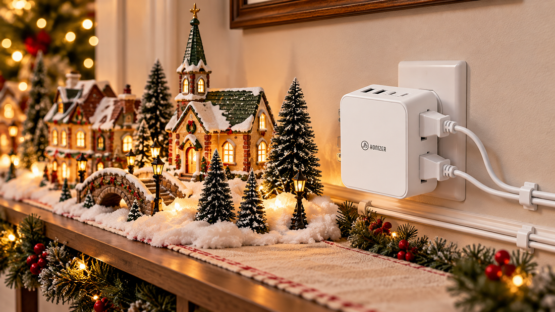 HONIZER ZeroEdge outlet splitter organizing cords beside an illuminated indoor Christmas village