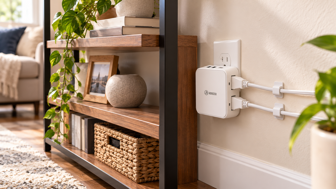 HONIZER ZeroEdge outlet splitter routing cords sideways in a rental apartment