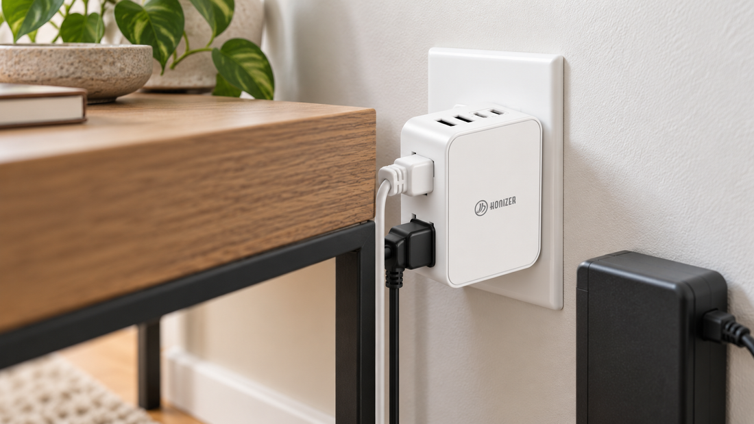 HONIZER ZeroEdge outlet extender routing plugs sideways in a narrow gap beside a console table