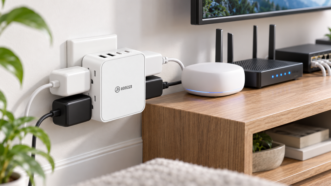 HONIZER ZeroEdge outlet splitter arranging bulky smart home hub and router adapters with side access
