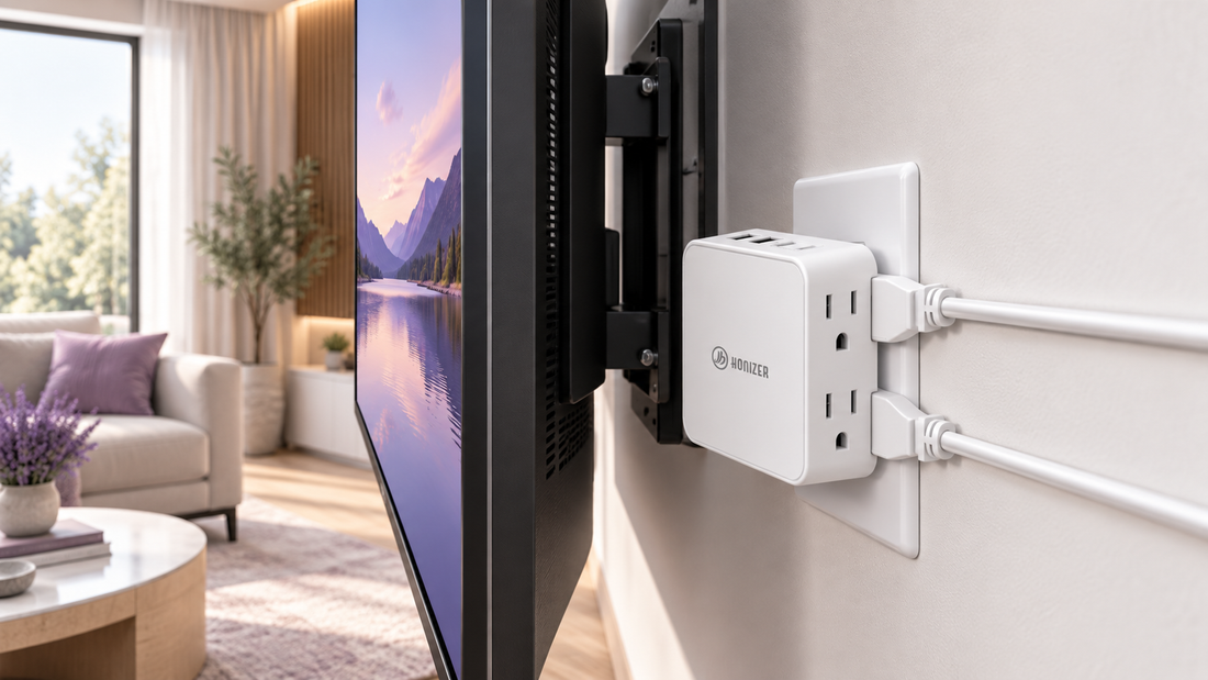 HONIZER ZeroEdge flat outlet extender providing side-access power behind a wall-mounted TV
