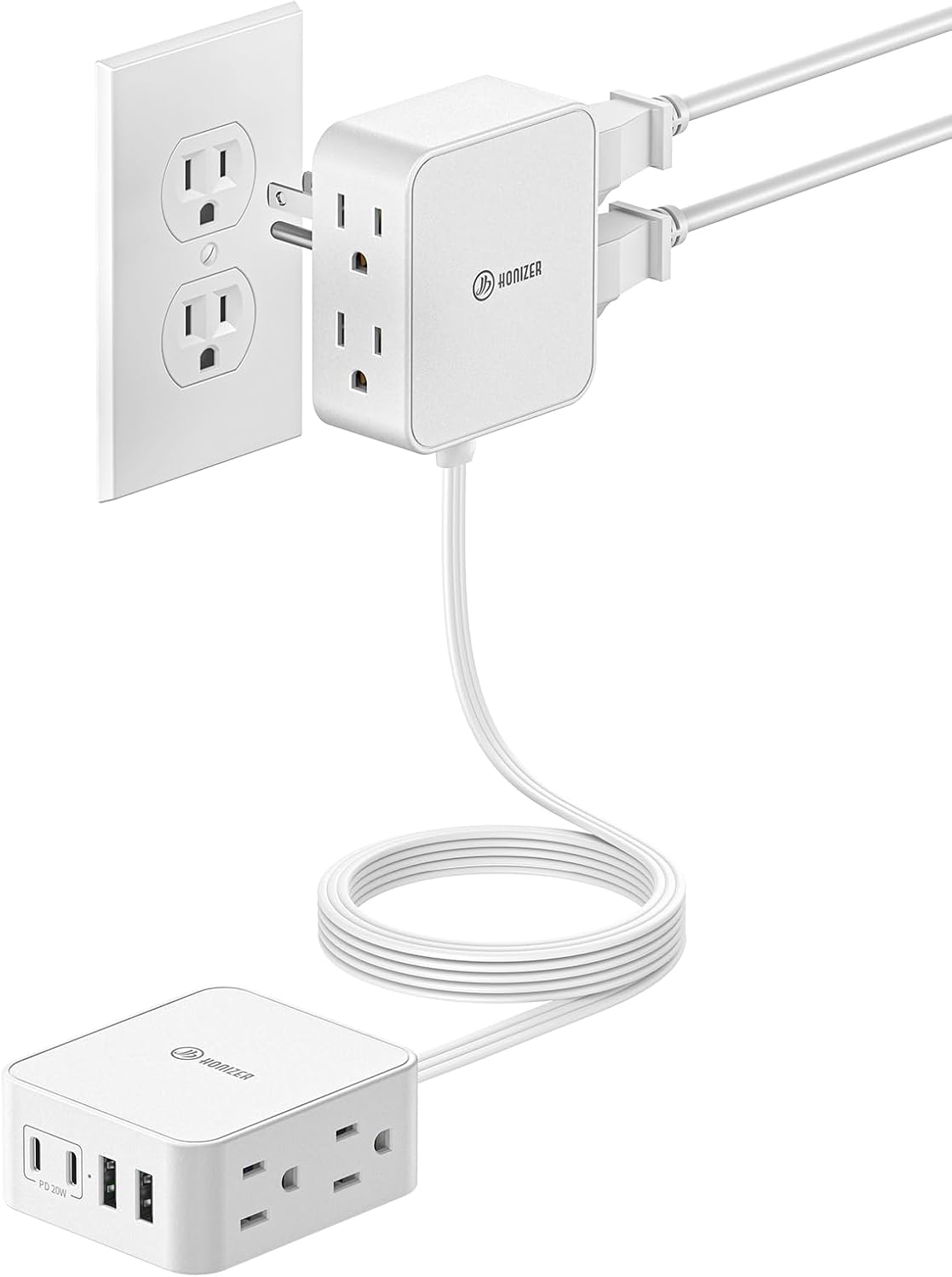 2 in 1 6FT Split Flat Extension Cord USBC 20W,Twin Extension Cord Flat Plug
