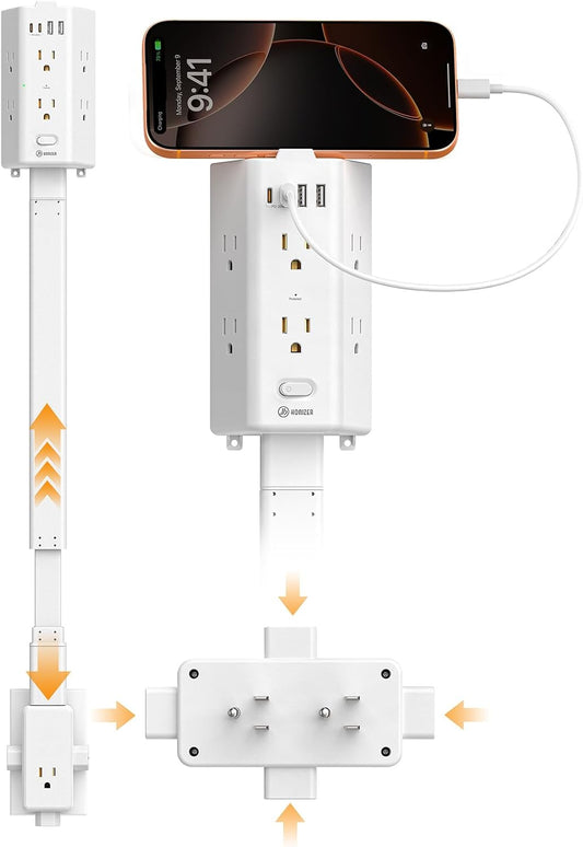 HONIZER Electrical Flat Outlet Extender Stick, 6 Widely Spaced AC Outlets,20W USB-C