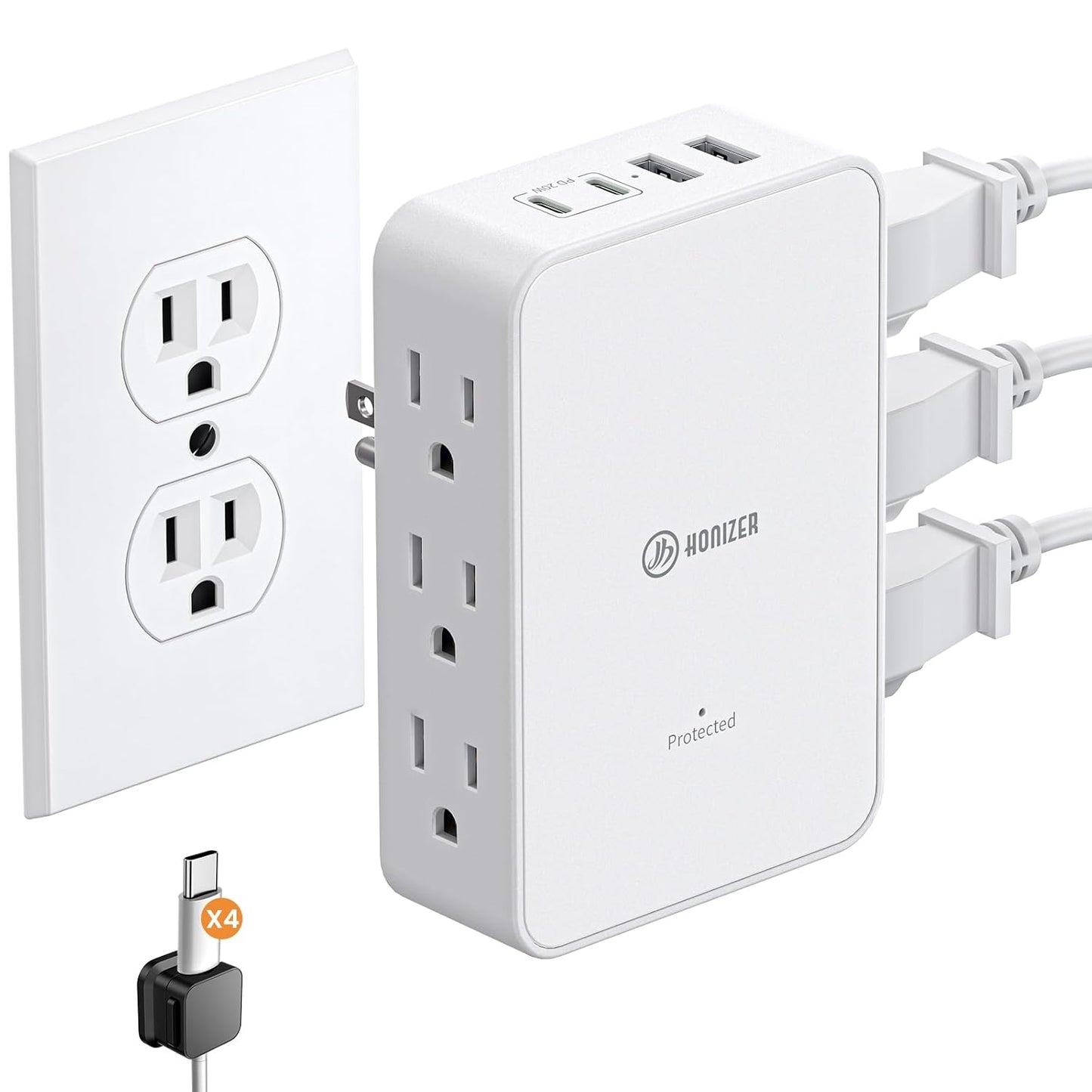 Outlet Splitter with 6 AC Side Outlets, Flat Wall Outlet Extender with PD 20W USB C, 1200 J, 3-Sided Electrical Outlet Extender with 4 Cable Clips for Behind Couches, Nightstands, Desks, TV