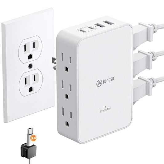 Outlet Splitter with 6 AC Side Outlets, Flat Wall Outlet Extender with PD 20W USB C, 1200 J, 3-Sided Electrical Outlet Extender with 4 Cable Clips for Behind Couches, Nightstands, Desks, TV
