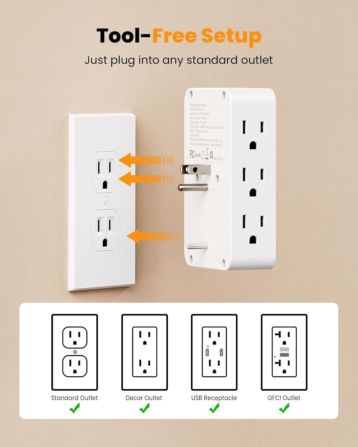Outlet Splitter with 6 AC Side Outlets, Flat Wall Outlet Extender with PD 20W USB C, 1200 J, 3-Sided Electrical Outlet Extender with 4 Cable Clips for Behind Couches, Nightstands, Desks, TV