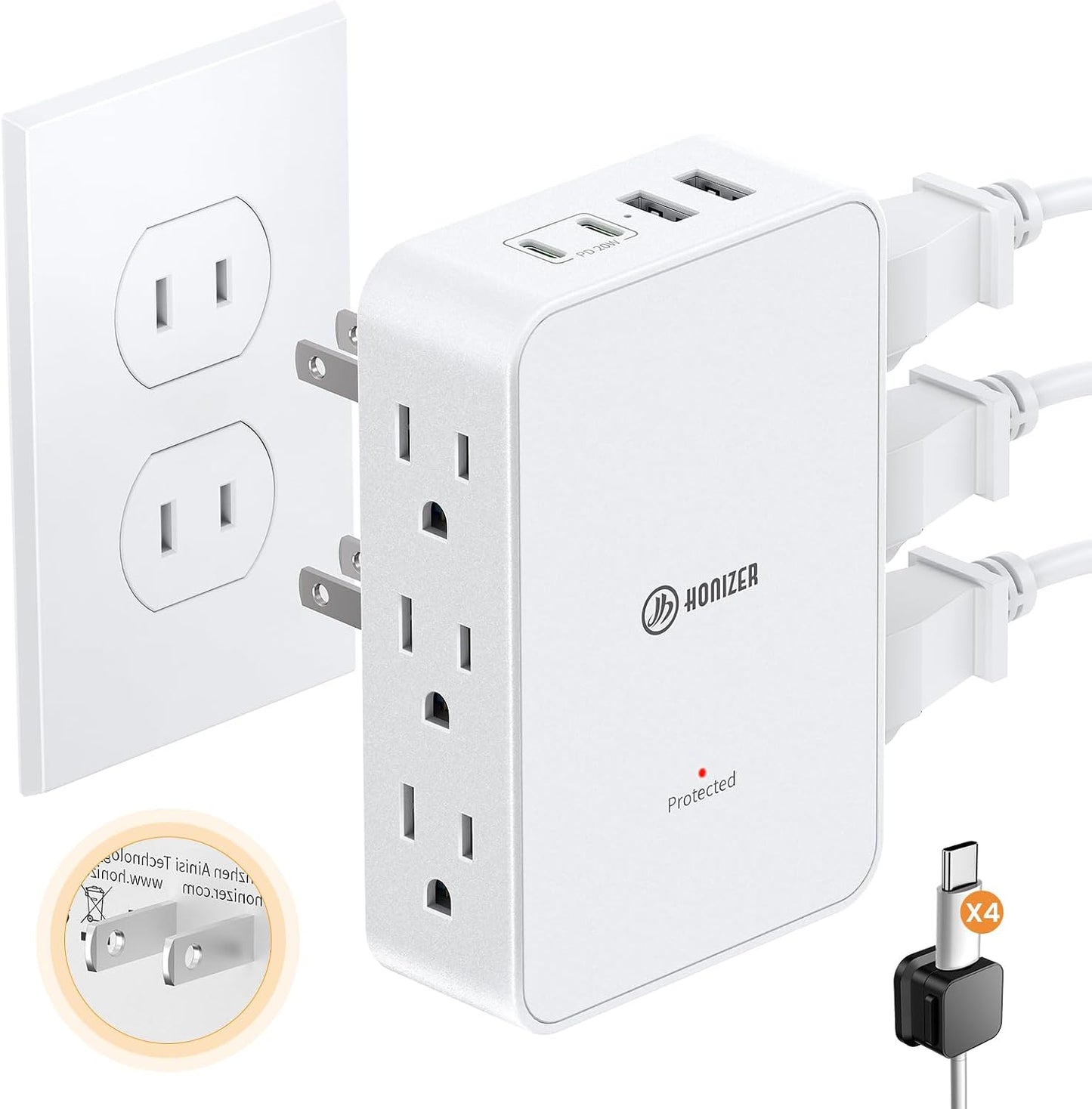 2 Prong to 3 Prong Outlet Adapter, 3 Sided 6 Outlet, PD 20W USB C by HONIZER