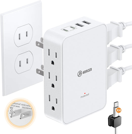 2 Prong to 3 Prong Outlet Adapter, 3 Sided 6 Outlet, PD 20W USB C by HONIZER