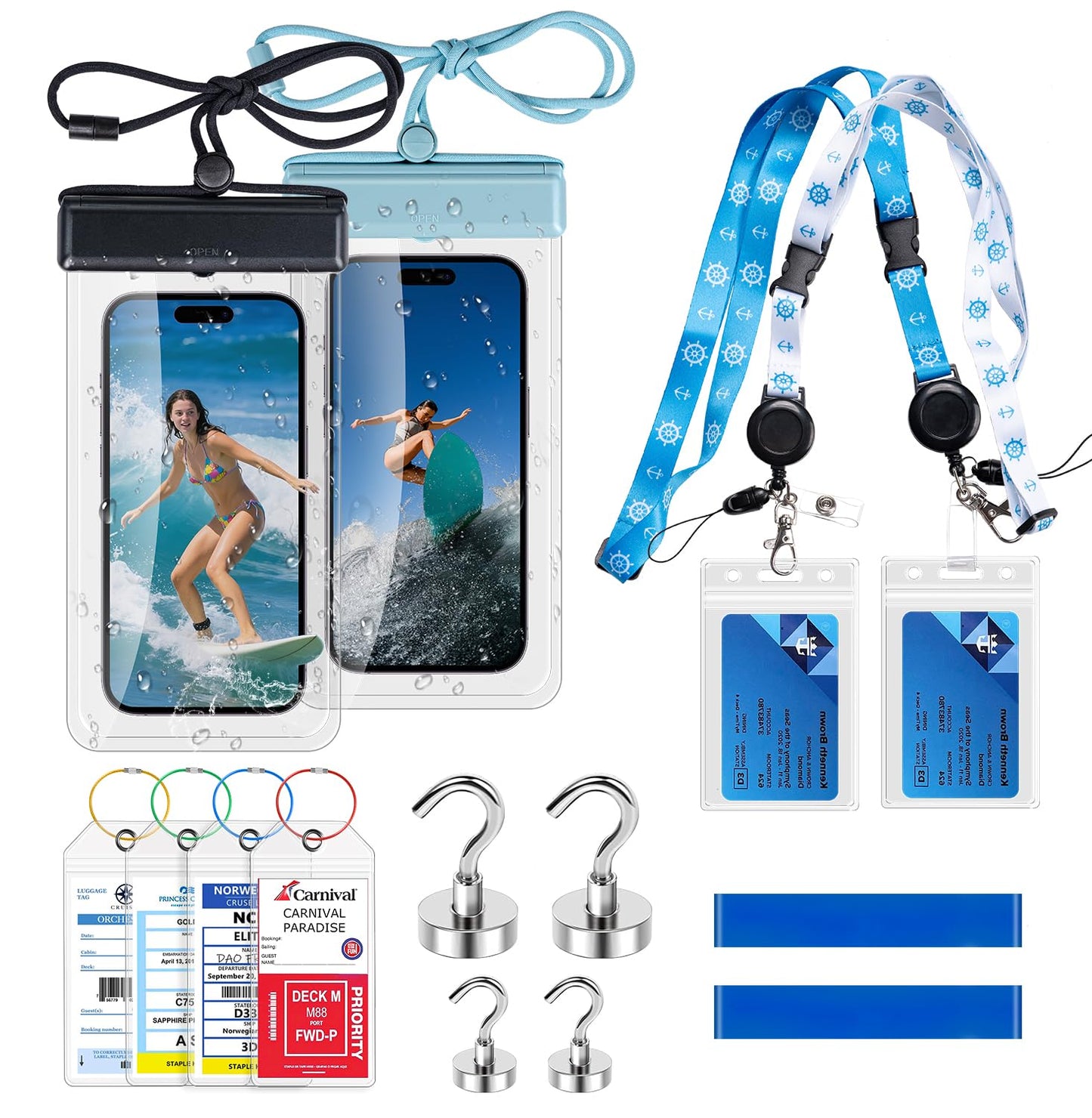 Cruise Essentials 2025 – 4 Cruise Luggage Tags Holder with 2 Lanyards, Cruise-Approved Power Strip with 2 USB C, 4 Magnetic Hooks, 2 Waterproof Phone Holders, 2 Towel Bands