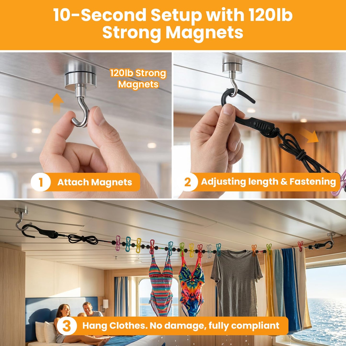 No-Sag Cruise Clothesline,Cruise Essential 2026, 6PCS Magnetic Hooks 32/20mm | for holding Wet Towels Swimsuits Clothes in Cruise Ship Cabin RV