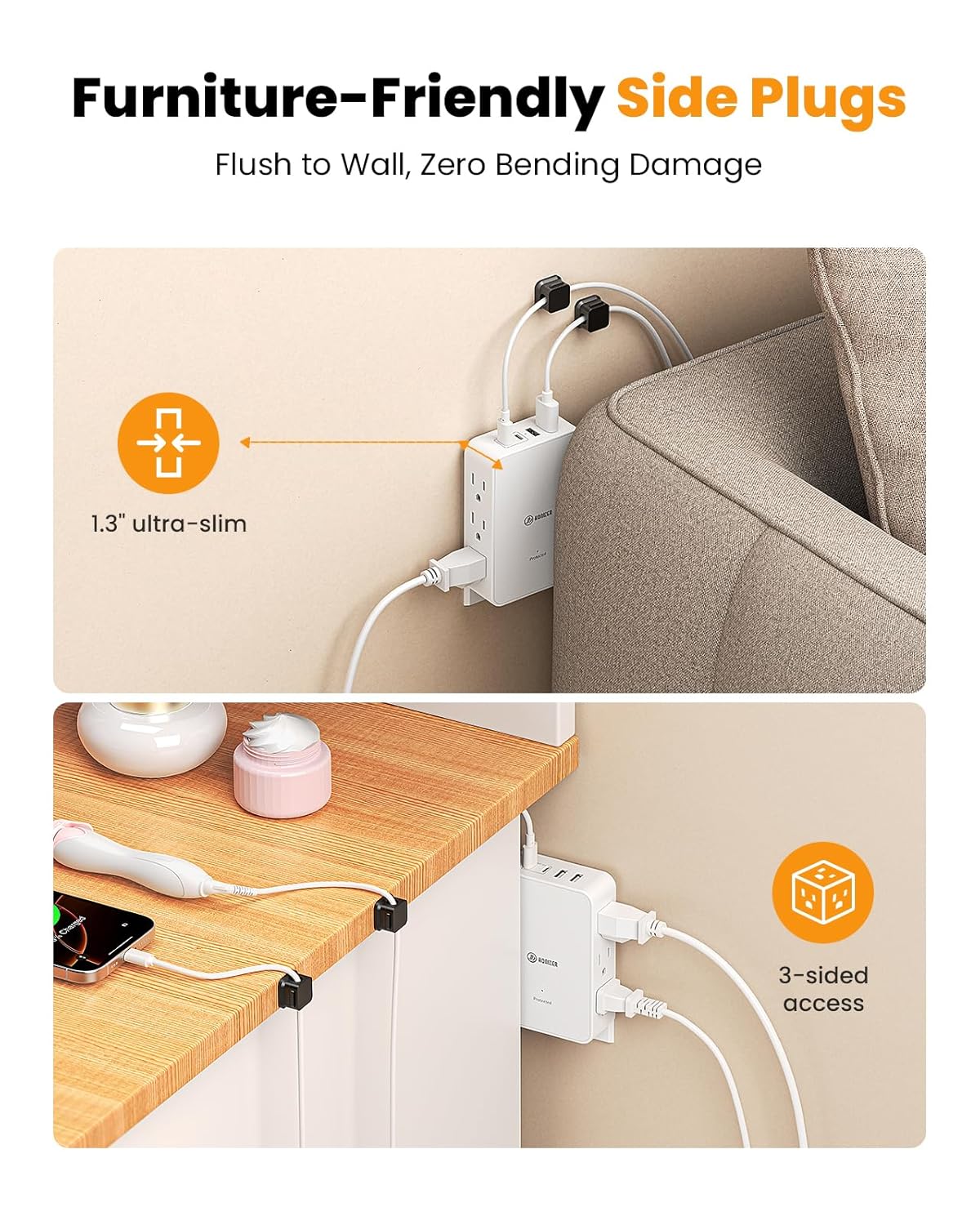 Outlet Splitter with 6 AC Side Outlets, Flat Wall Outlet Extender with PD 20W USB C, 1200 J, 3-Sided Electrical Outlet Extender with 4 Cable Clips for Behind Couches, Nightstands, Desks, TV