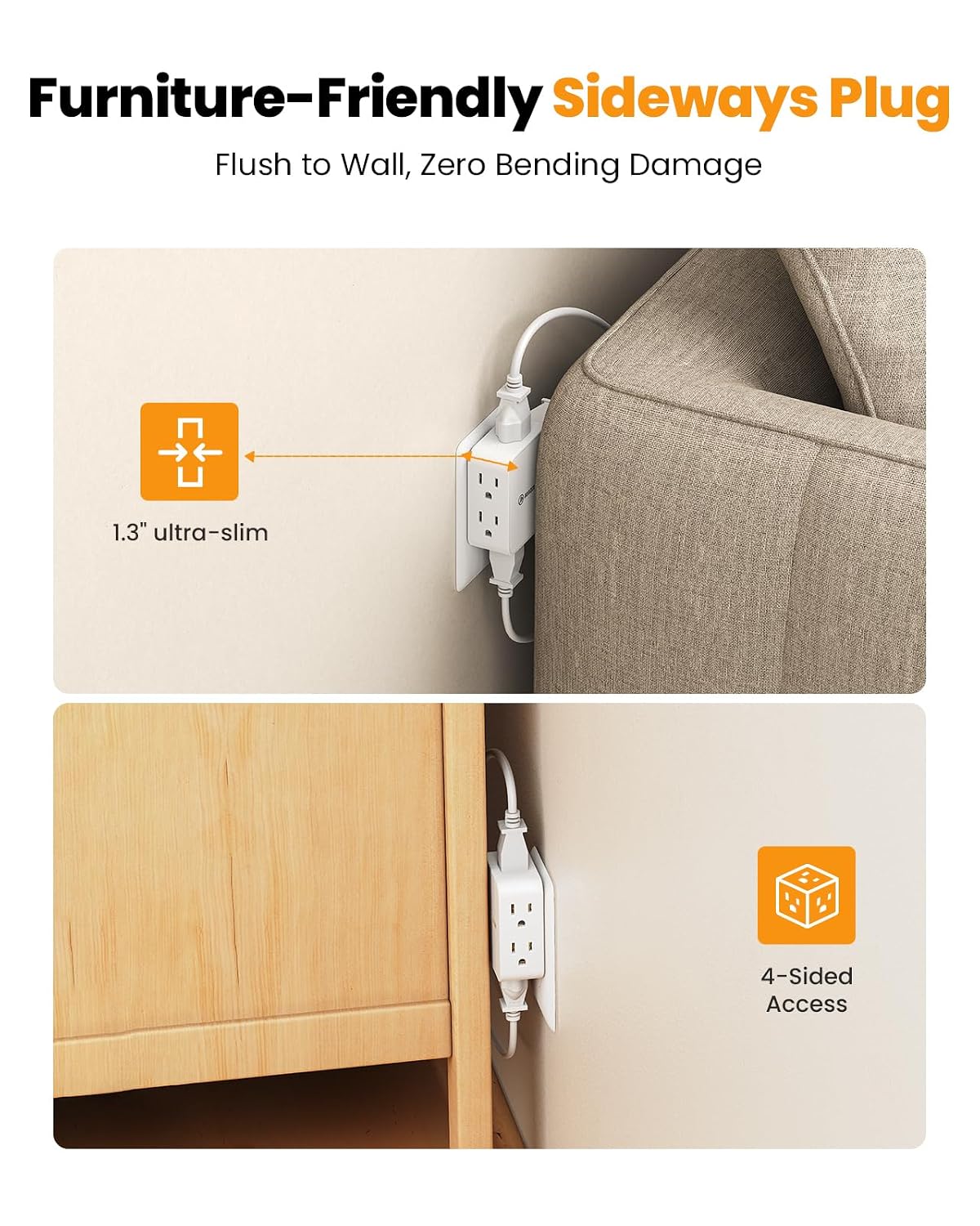 HONIZER 2 Pack Flat Outlet Extender with 6AC Side Outlets