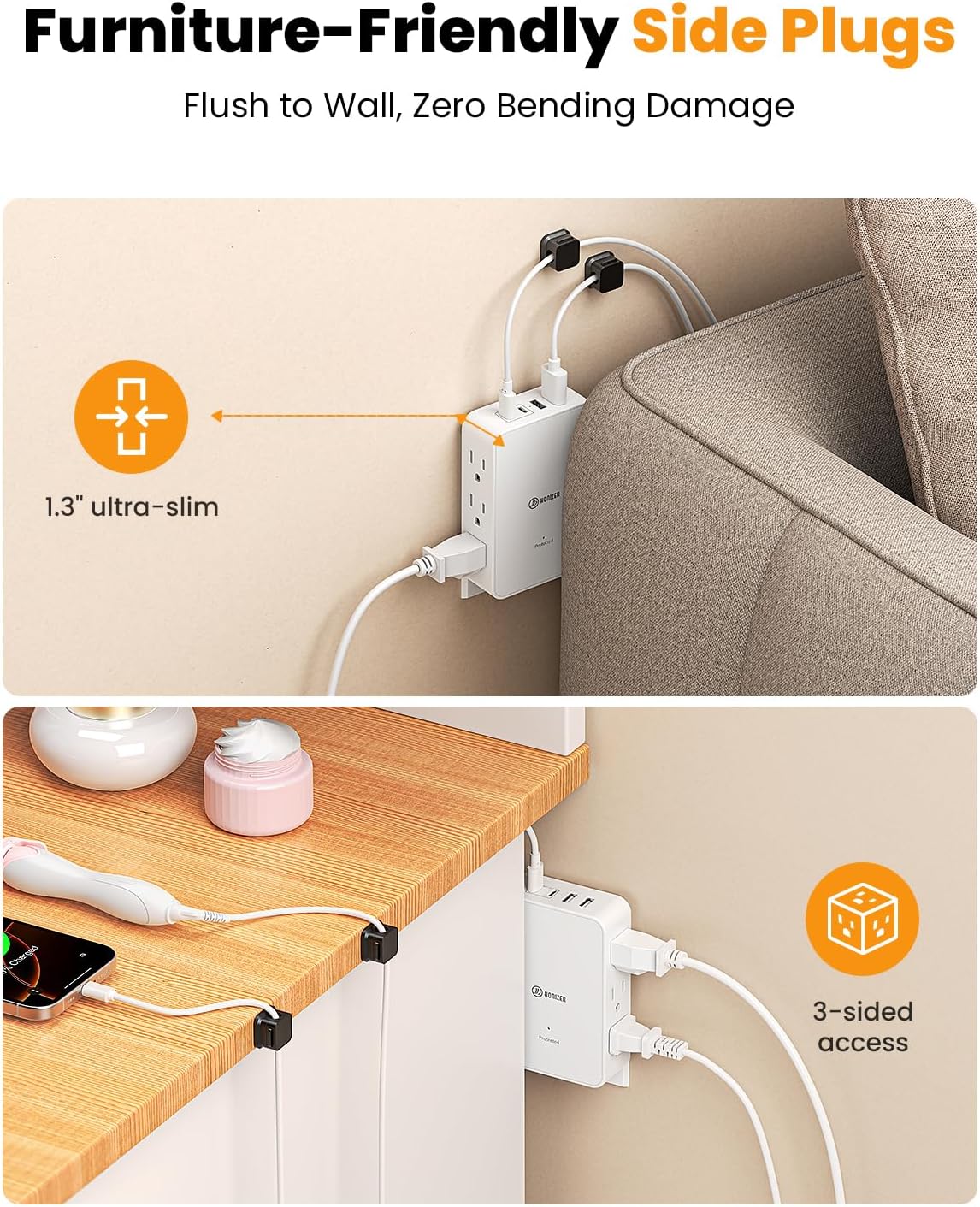 2 Prong to 3 Prong Outlet Adapter, 3 Sided 6 Outlet, PD 20W USB C by HONIZER