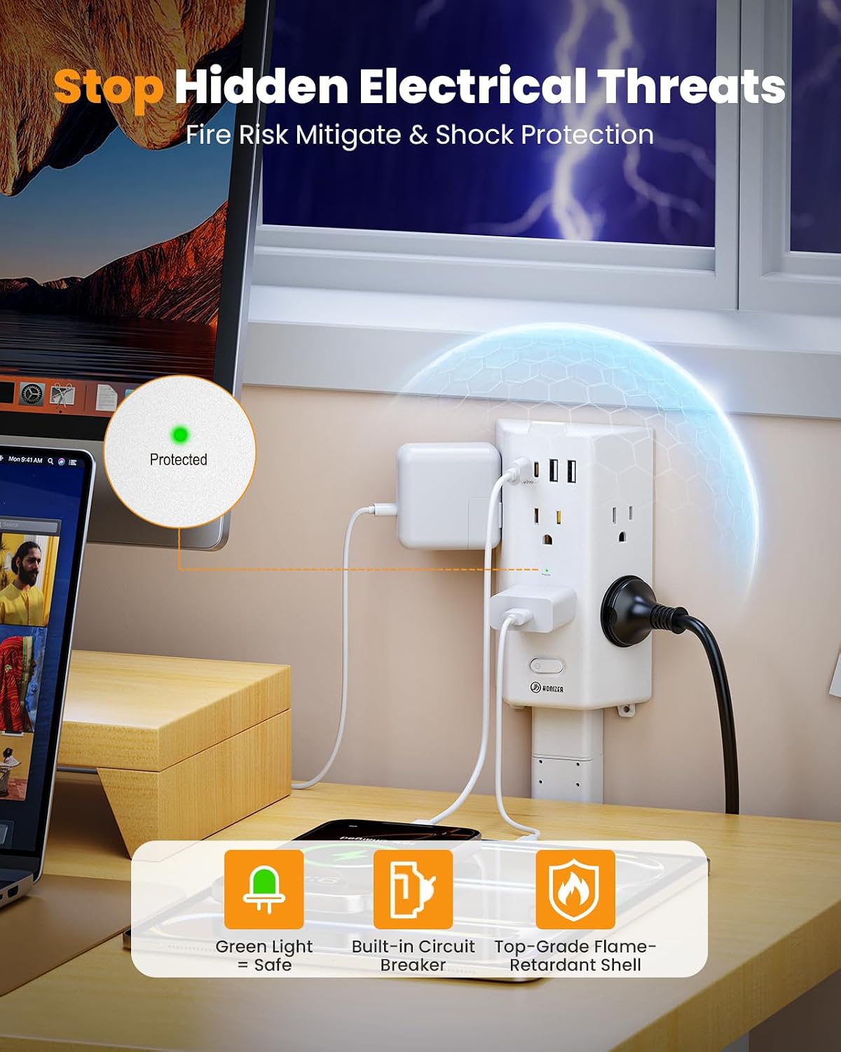 HONIZER Electrical Flat Outlet Extender Stick, 6 Widely Spaced AC Outlets,20W USB-C