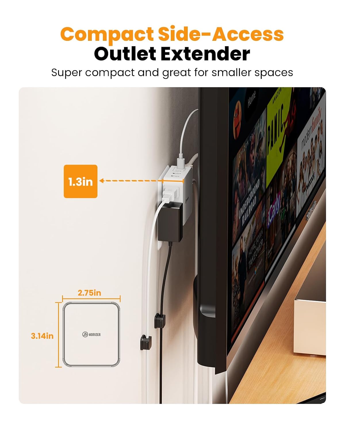 Flat Outlet Extender with 4AC Side Outlet with 20W USB C for Behind Couches