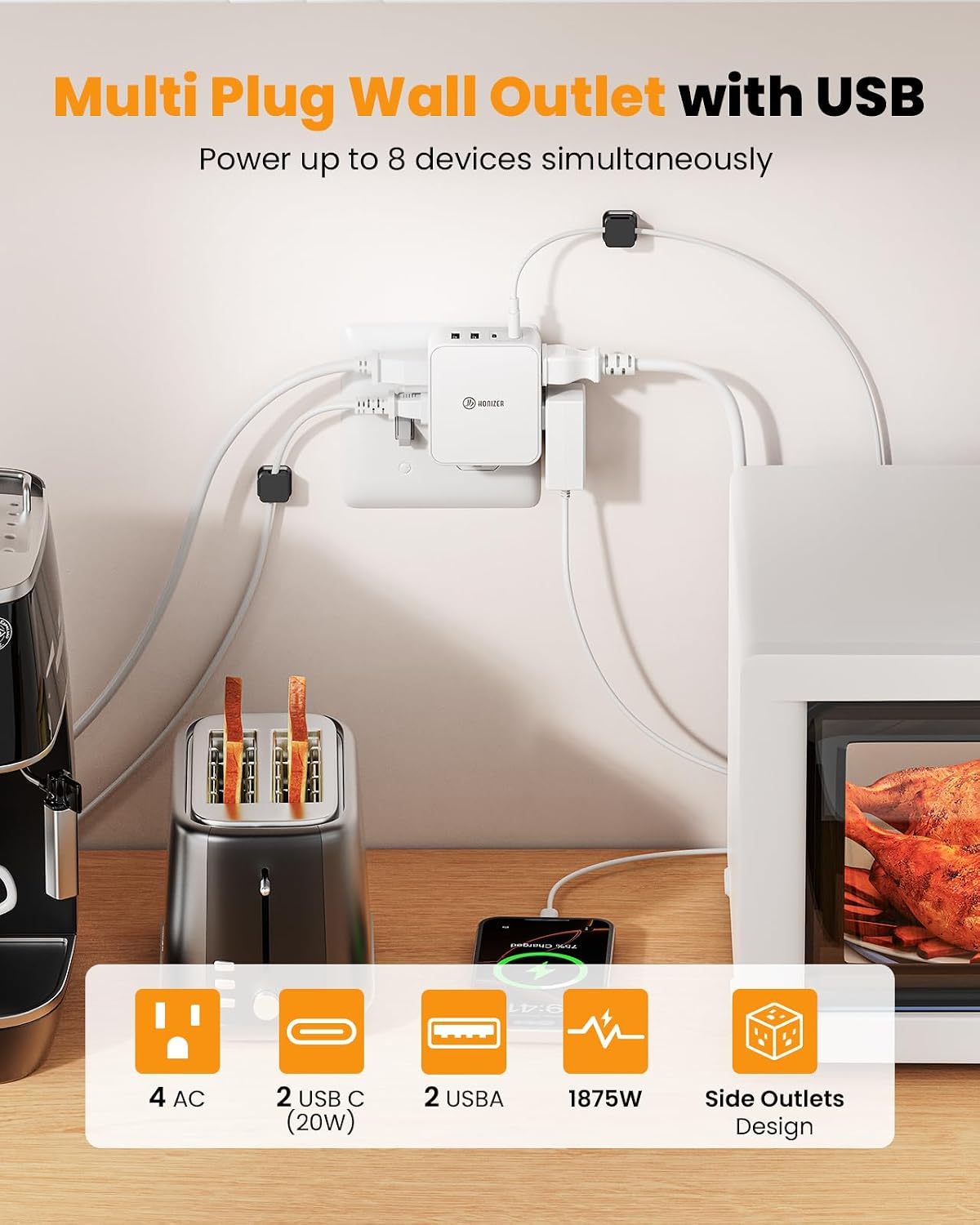 Flat Outlet Extender with 4AC Side Outlet with 20W USB C for Behind Couches