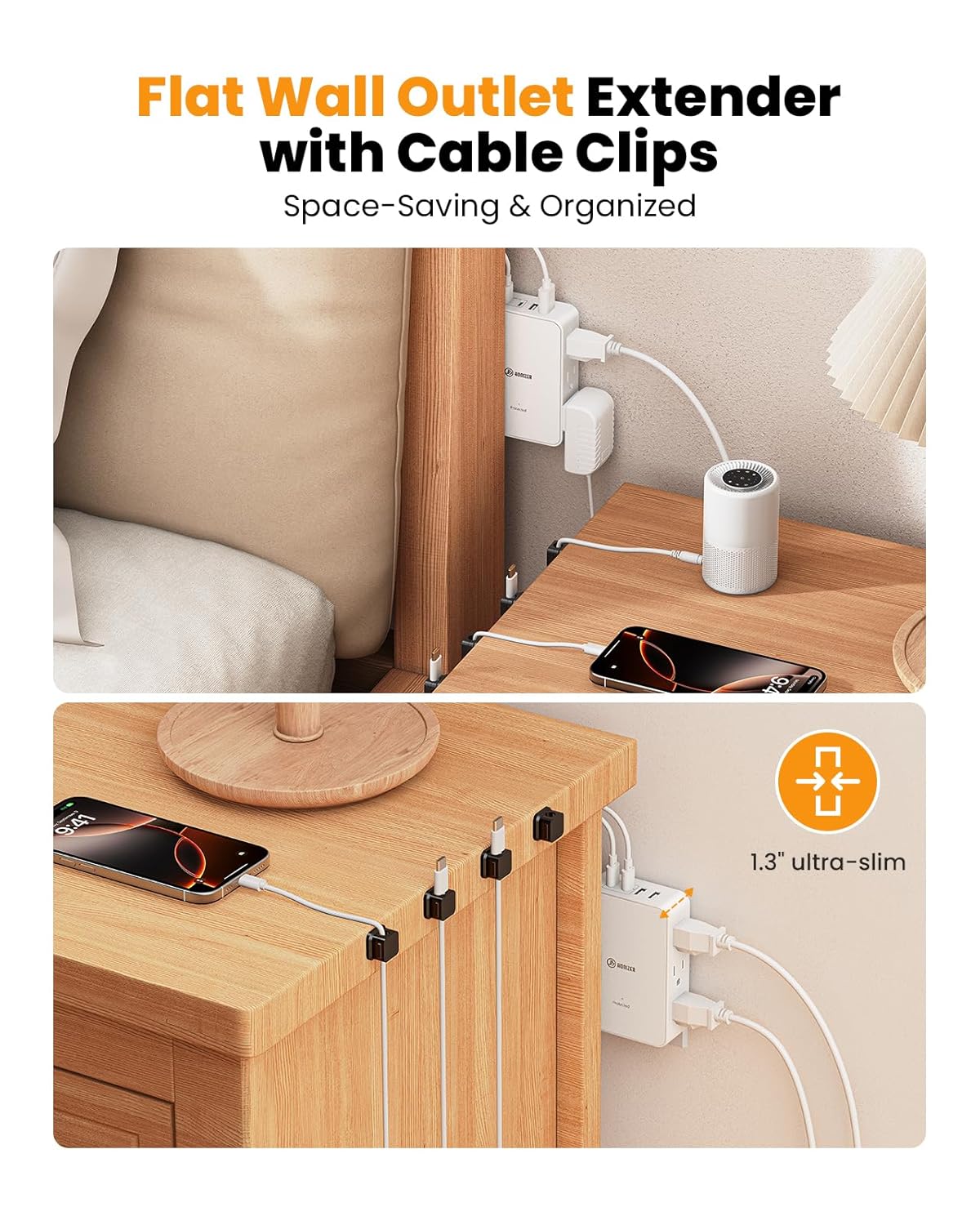 Outlet Splitter with 6 AC Side Outlets, Flat Wall Outlet Extender with PD 20W USB C, 1200 J, 3-Sided Electrical Outlet Extender with 4 Cable Clips for Behind Couches, Nightstands, Desks, TV