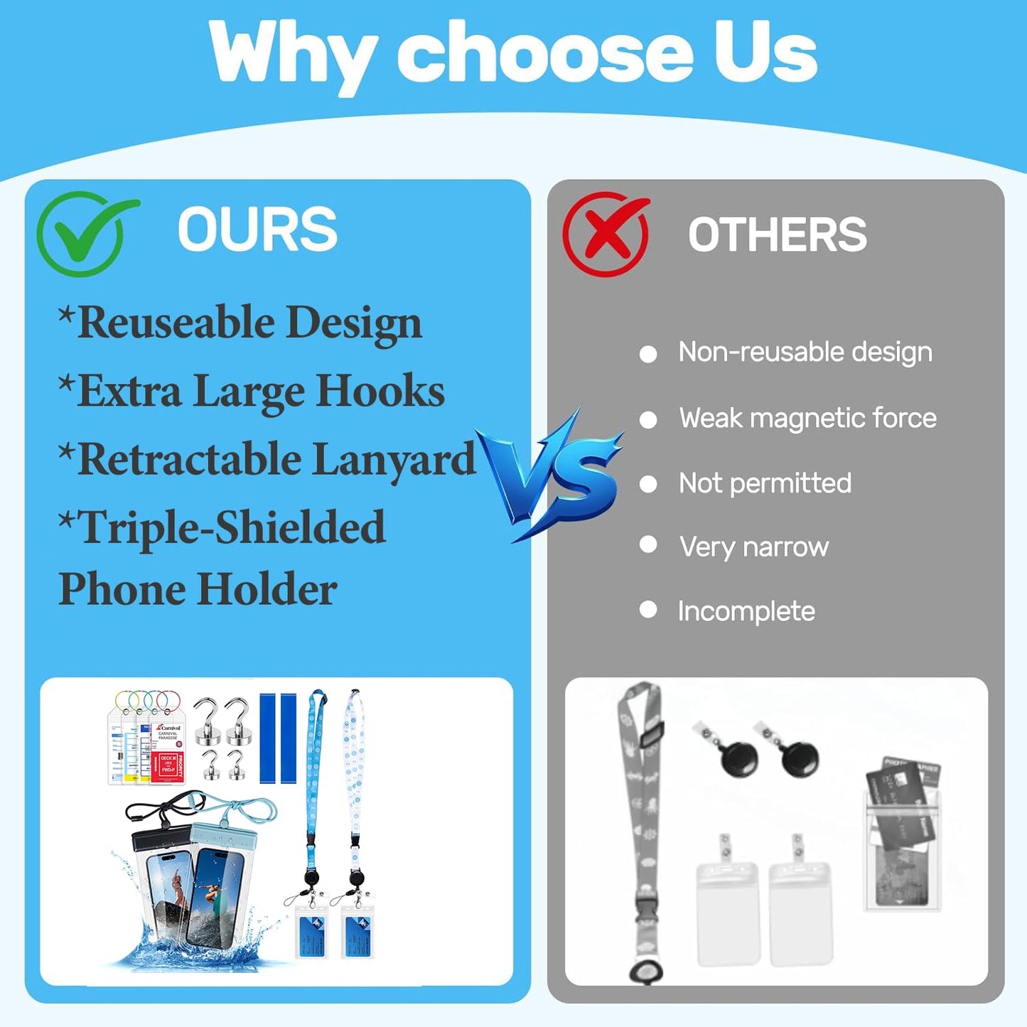 Cruise Essentials 2025 – 4 Cruise Luggage Tags Holder with 2 Lanyards, Cruise-Approved Power Strip with 2 USB C, 4 Magnetic Hooks, 2 Waterproof Phone Holders, 2 Towel Bands