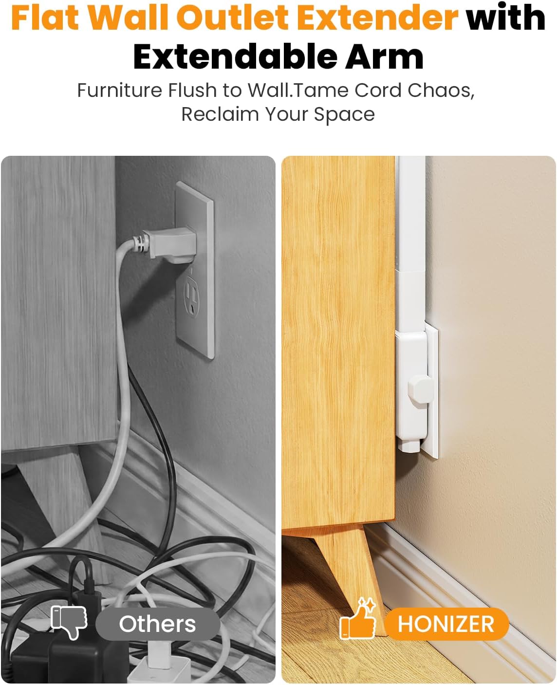 HONIZER Electrical Flat Outlet Extender Stick, 6 Widely Spaced AC Outlets,20W USB-C