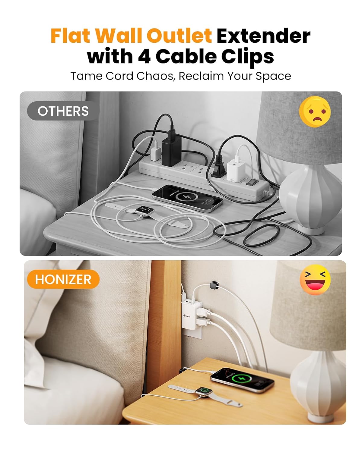 Flat Outlet Extender with 4AC Side Outlet with 20W USB C for Behind Couches