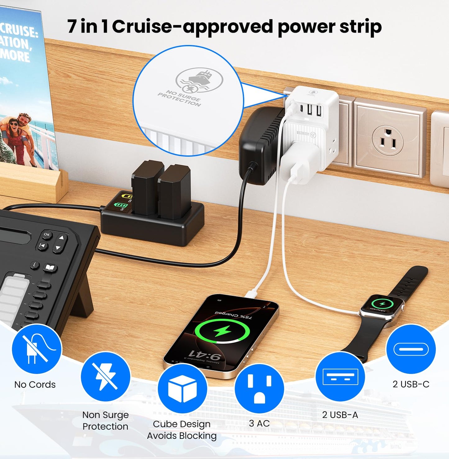 Cruise Essentials 2025 – 4 Cruise Luggage Tags Holder with 2 Lanyards, Cruise-Approved Power Strip with 2 USB C, 4 Magnetic Hooks, 2 Waterproof Phone Holders, 2 Towel Bands