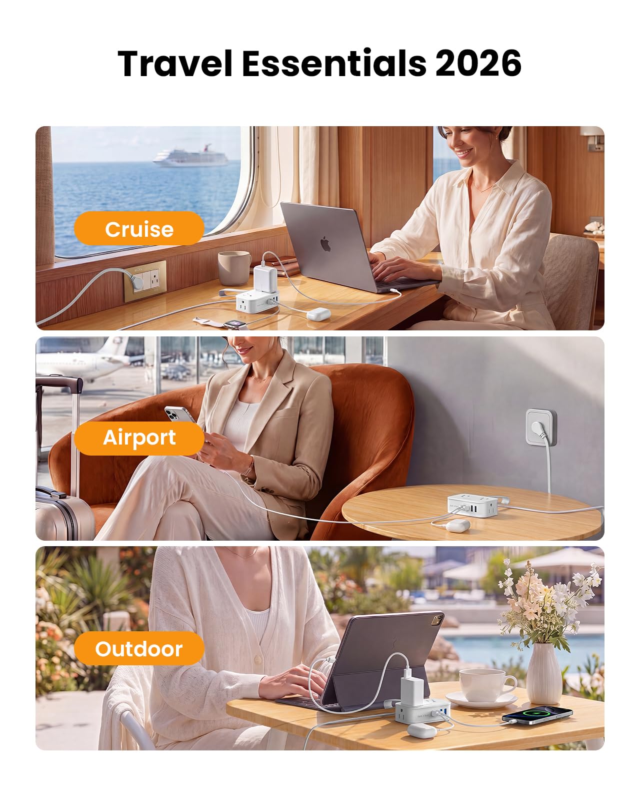 10 in1 Cruise Approved Travel Power Strip USB C 20W, Travel Essential