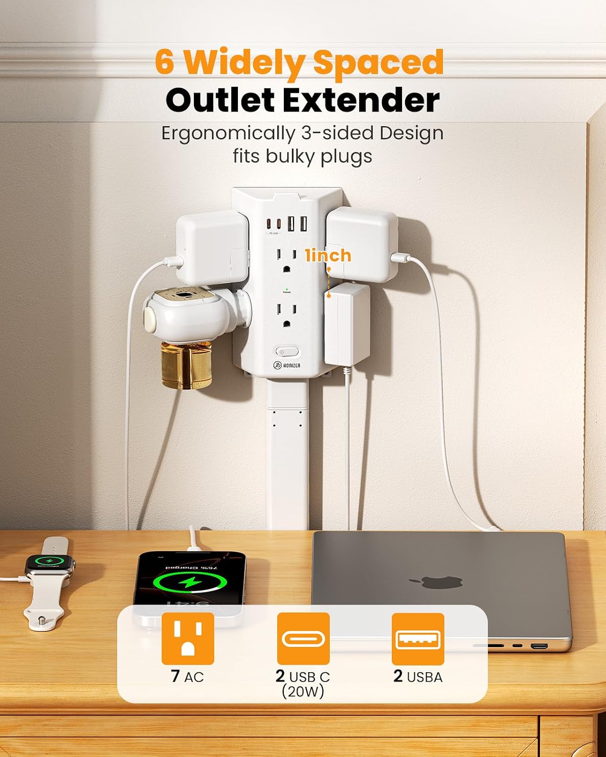 HONIZER Electrical Flat Outlet Extender Stick, 6 Widely Spaced AC Outlets,20W USB-C