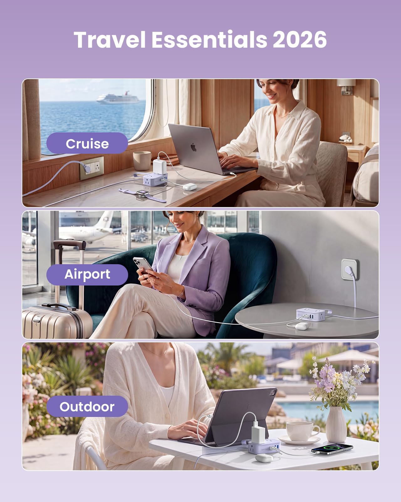 10 in1 Cruise Approved Travel Power Strip USB C 20W, Travel Essential