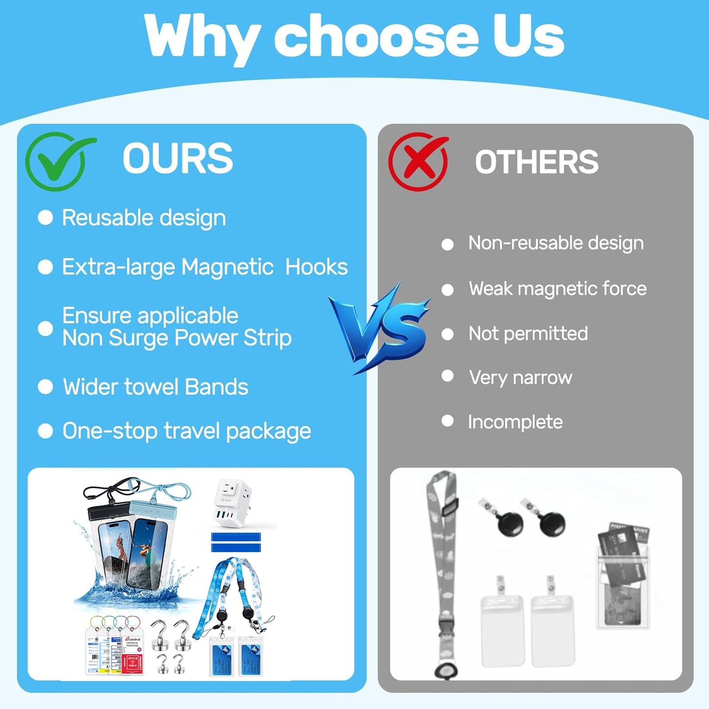 Cruise Essentials 2025 – 4 Cruise Luggage Tags Holder with 2 Lanyards, Cruise-Approved Power Strip with 2 USB C, 4 Magnetic Hooks, 2 Waterproof Phone Holders, 2 Towel Bands