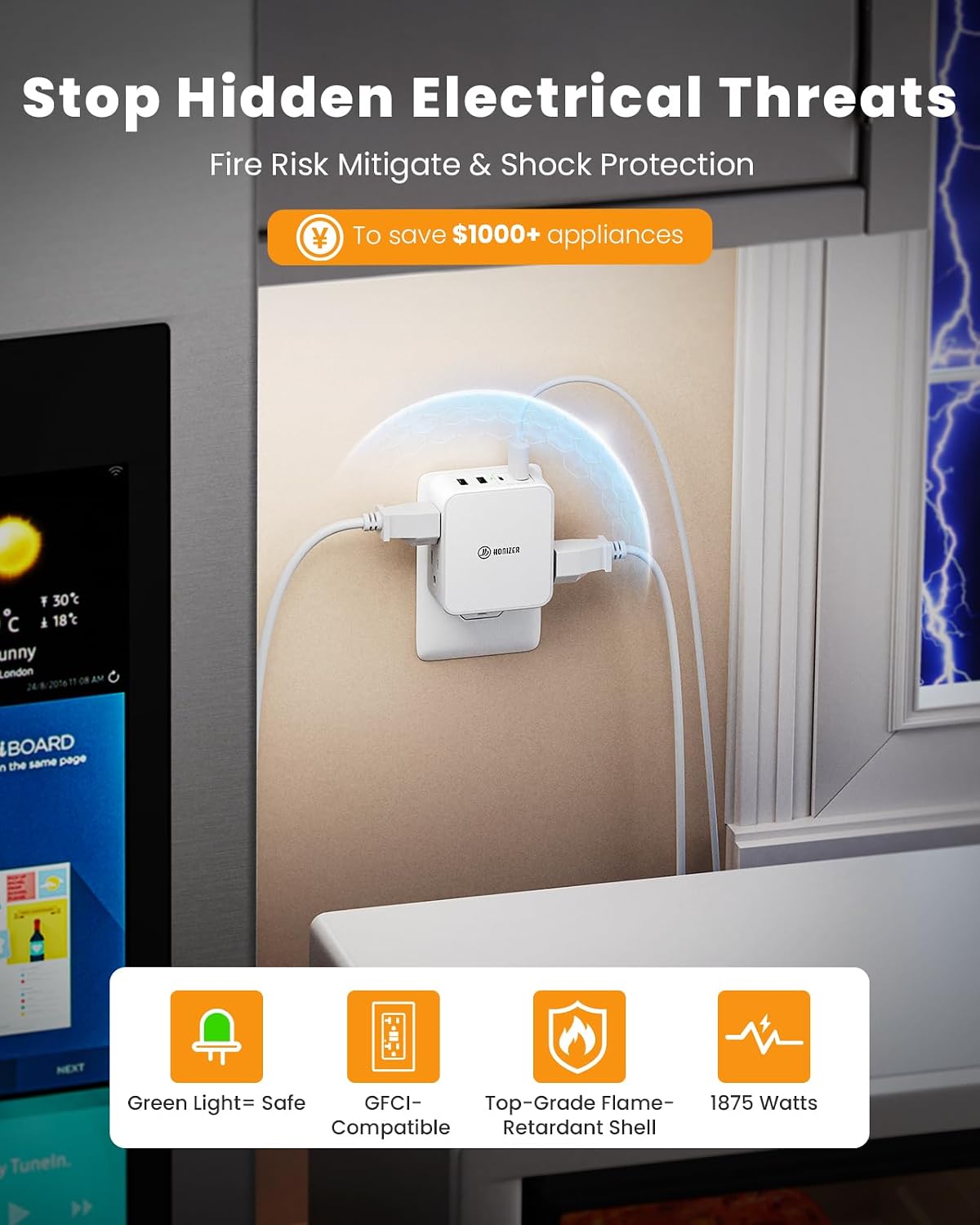 Flat Outlet Extender with 4AC Side Outlet with 20W USB C for Behind Couches