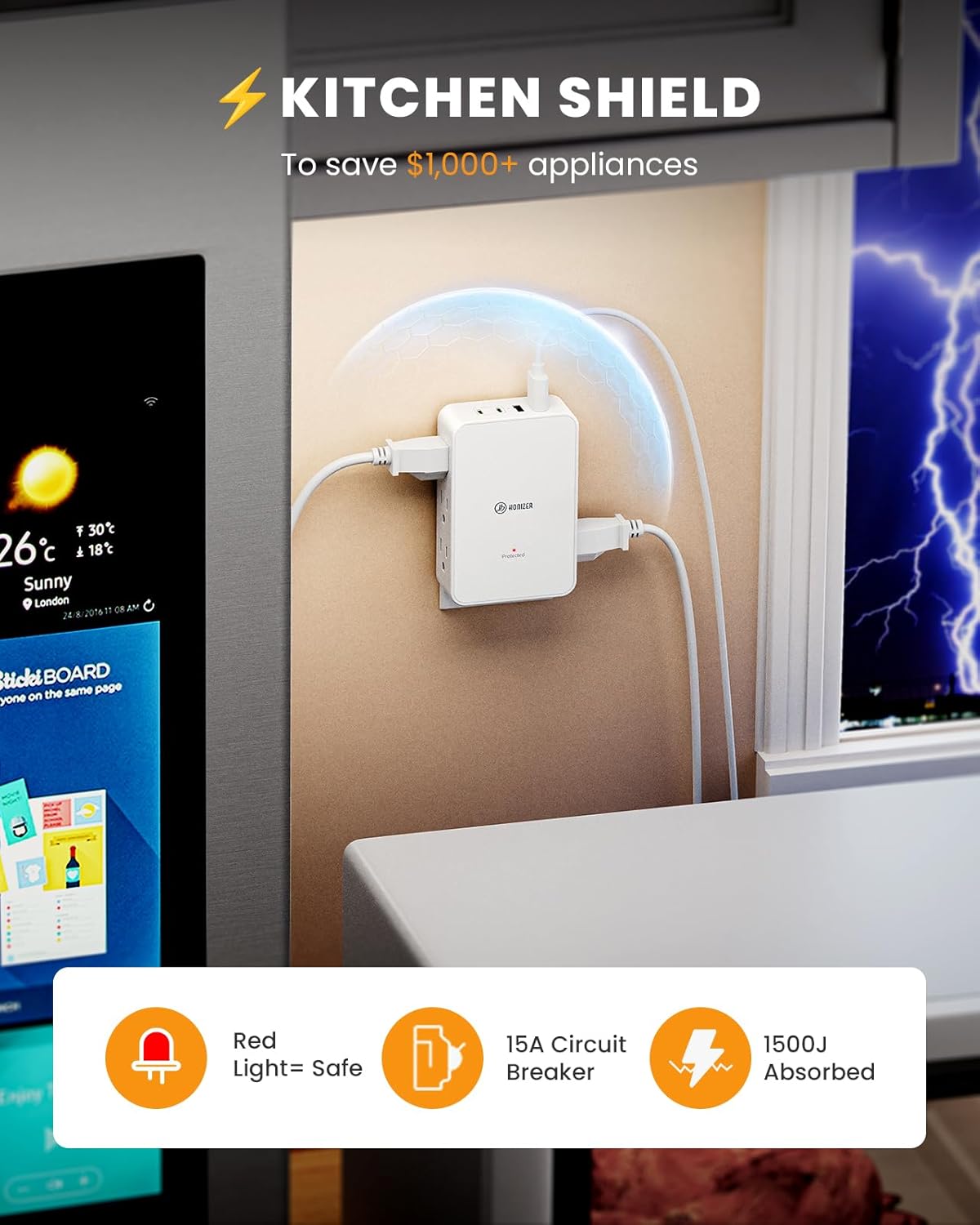 Outlet Splitter with 6 AC Side Outlets, Flat Wall Outlet Extender with PD 20W USB C, 1200 J, 3-Sided Electrical Outlet Extender with 4 Cable Clips for Behind Couches, Nightstands, Desks, TV