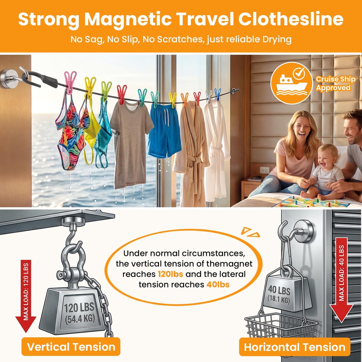 No-Sag Cruise Clothesline,Cruise Essential 2026, 6PCS Magnetic Hooks 32/20mm | for holding Wet Towels Swimsuits Clothes in Cruise Ship Cabin RV