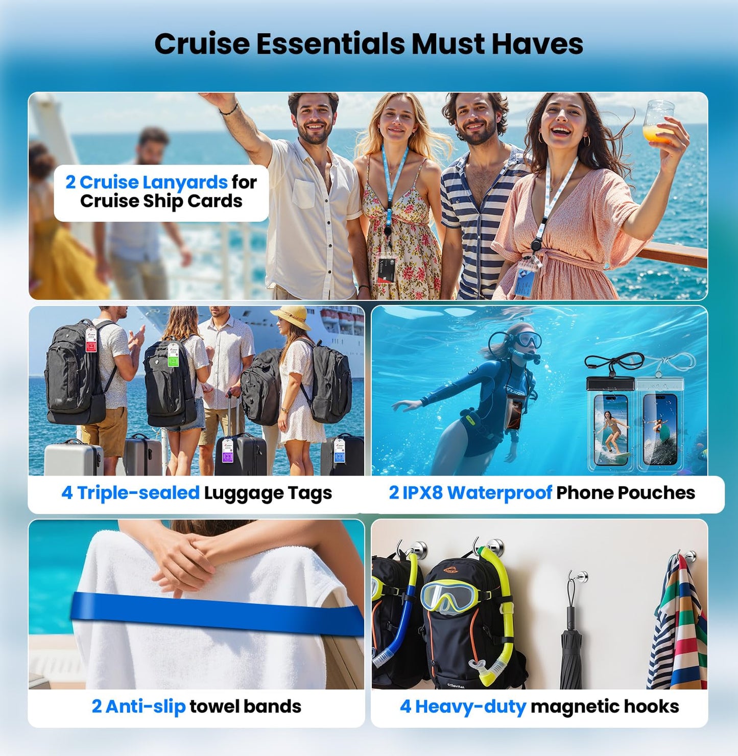 Cruise Essentials 2025 – 4 Cruise Luggage Tags Holder with 2 Lanyards, Cruise-Approved Power Strip with 2 USB C, 4 Magnetic Hooks, 2 Waterproof Phone Holders, 2 Towel Bands