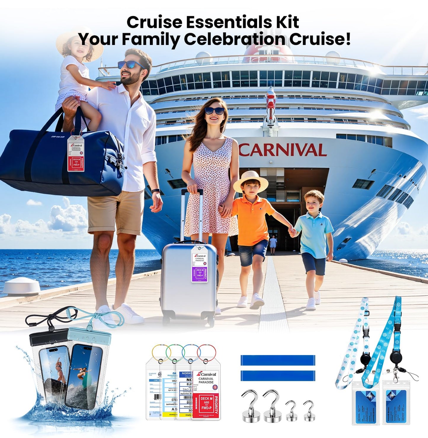 Cruise Essentials 2025 – 4 Cruise Luggage Tags Holder with 2 Lanyards, Cruise-Approved Power Strip with 2 USB C, 4 Magnetic Hooks, 2 Waterproof Phone Holders, 2 Towel Bands