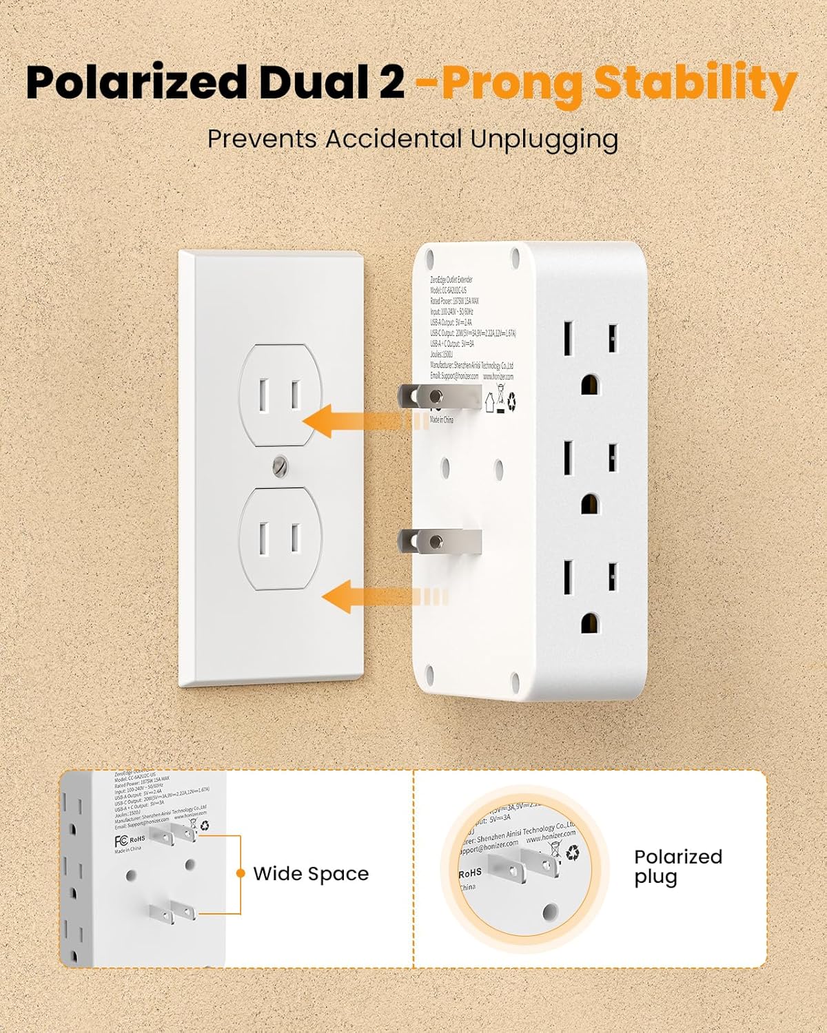 2 Prong to 3 Prong Outlet Adapter, 3 Sided 6 Outlet, PD 20W USB C by HONIZER