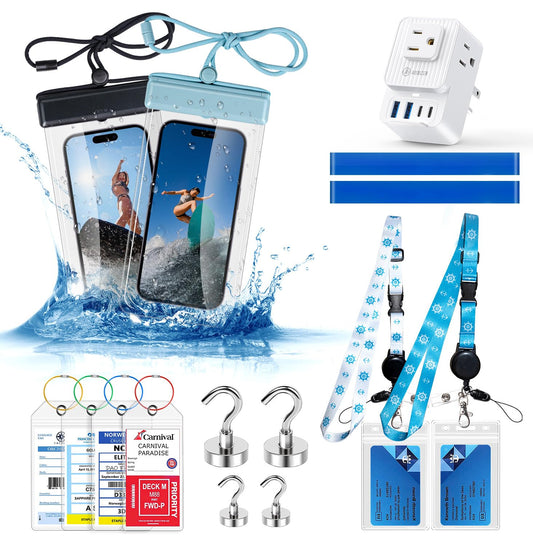 Cruise Essentials 2025 – 4 Cruise Luggage Tags Holder with 2 Lanyards, Cruise-Approved Power Strip with 2 USB C, 4 Magnetic Hooks, 2 Waterproof Phone Holders, 2 Towel Bands