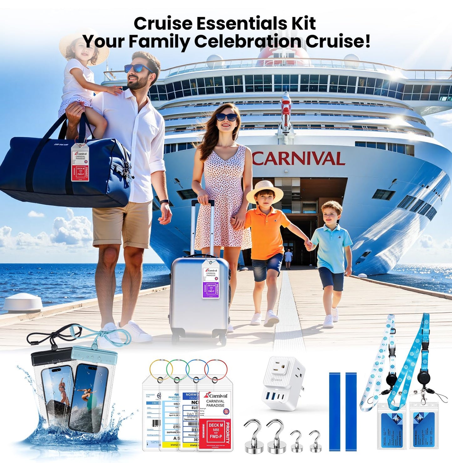 Cruise Essentials 2025 – 4 Cruise Luggage Tags Holder with 2 Lanyards, Cruise-Approved Power Strip with 2 USB C, 4 Magnetic Hooks, 2 Waterproof Phone Holders, 2 Towel Bands