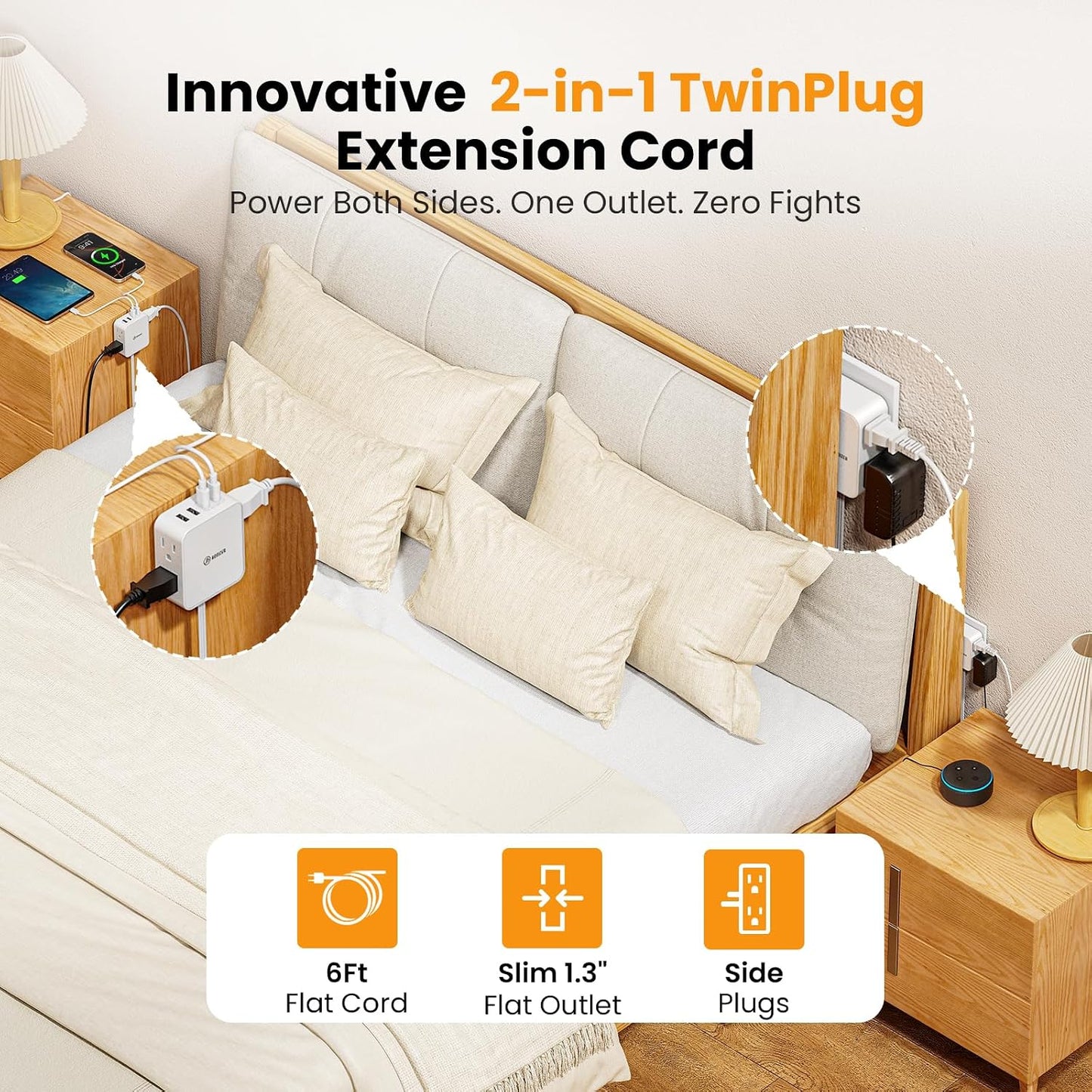2 in 1 6FT Split Flat Extension Cord USBC 20W,Twin Extension Cord Flat Plug