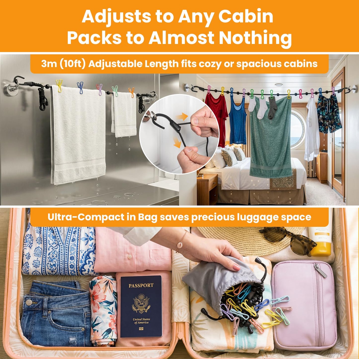 No-Sag Cruise Clothesline,Cruise Essential 2026, 6PCS Magnetic Hooks 32/20mm | for holding Wet Towels Swimsuits Clothes in Cruise Ship Cabin RV