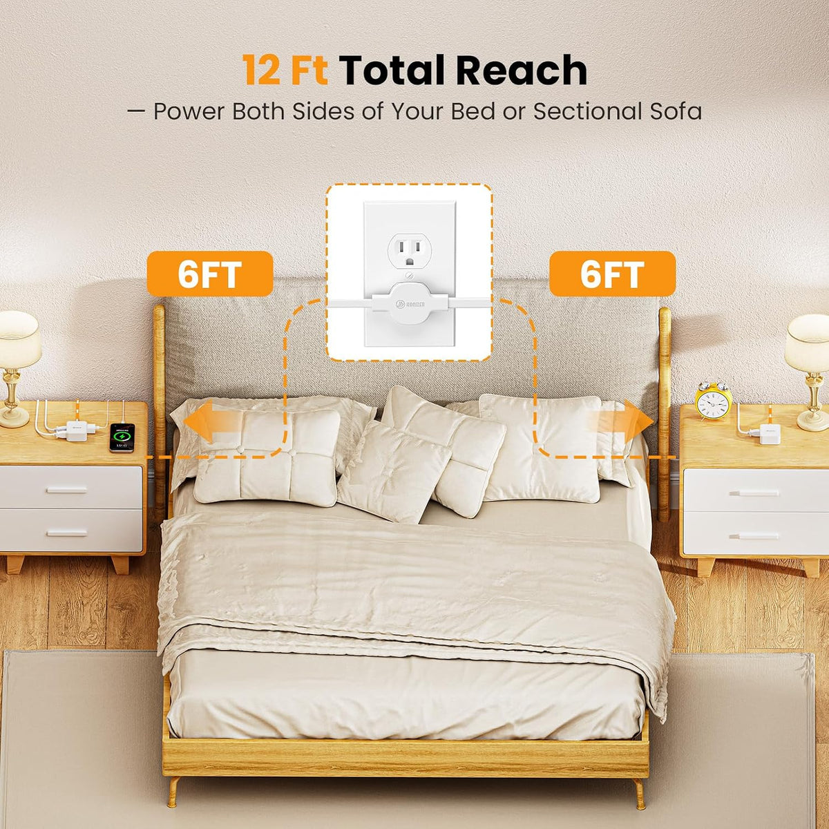 12FT Split Flat Extension Cord,Twin Extension Cord Flat Plug with Wall Tape