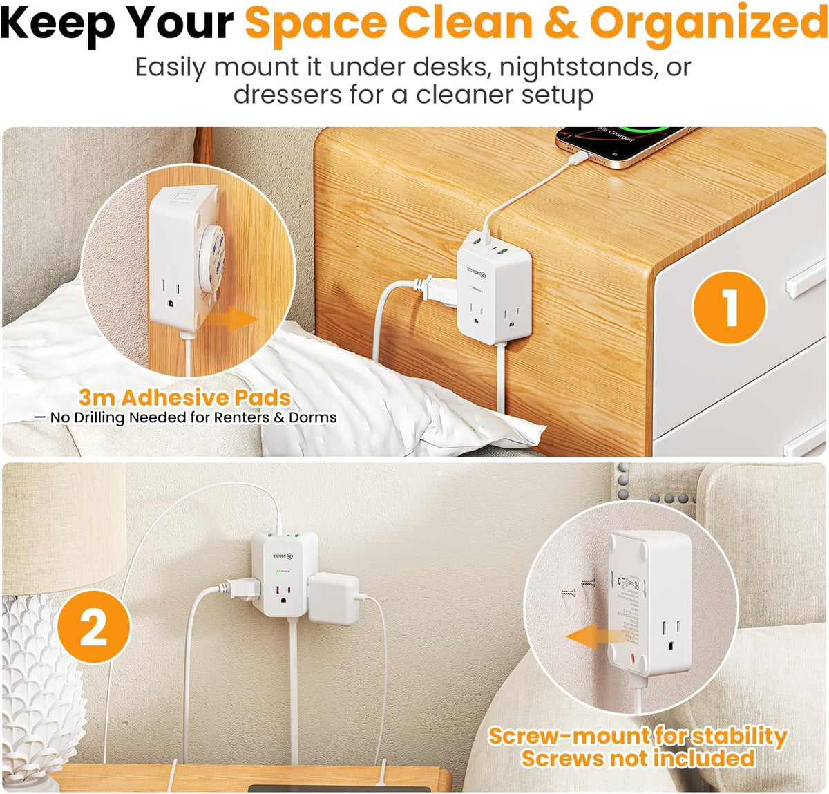 12FT Twin Flat Extension Cord USB C 20W,Split Extension Cord Flat Wall Plug