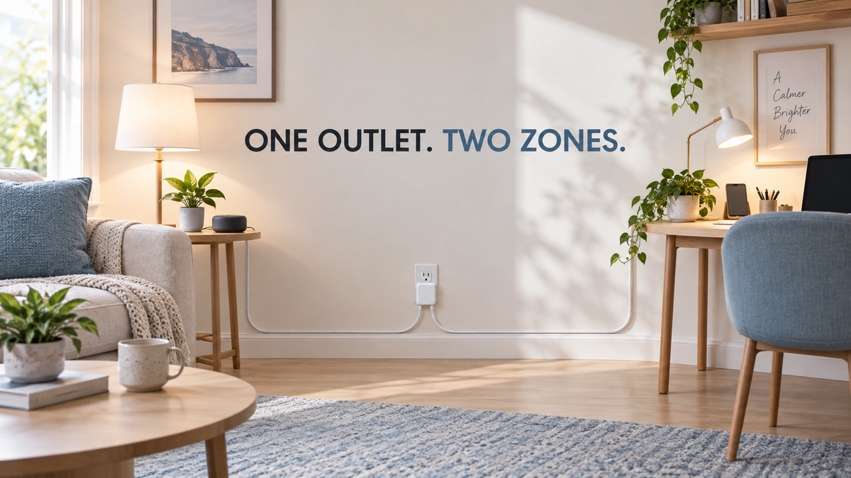 HONIZER TwinFlex concept showing one wall outlet serving two organized indoor power zones
